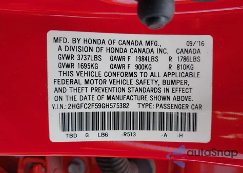 2016 Honda Civic Lx z USA, uszkodzony, nr VIN 2HGFC2F59GH575382